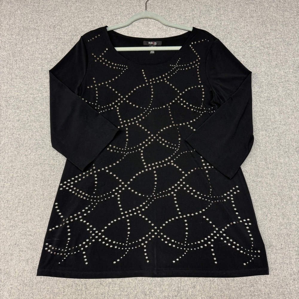 Style & Co Petite Tunic Top Size PL Black Silver Studded 3/4 Sleeve Scoop Neck